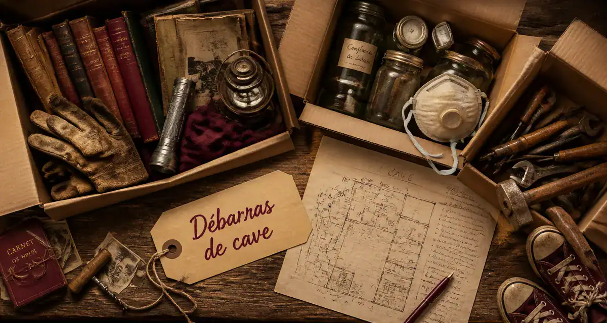 Débarras cave cartons et outils sur table