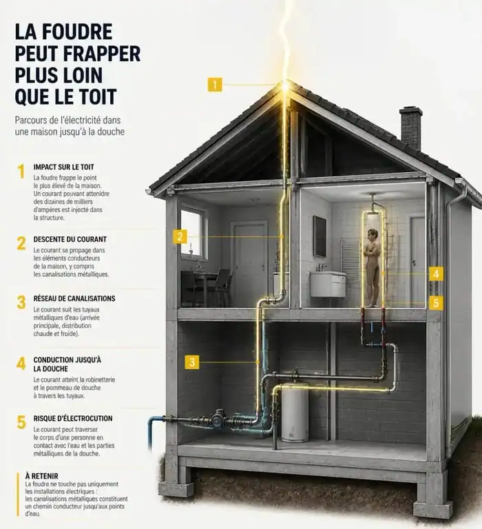 Schéma explicatif du risque électrique lié à la plomberie lors d'un orage, illustrant pourquoi se doucher pendant un orage est dangereux.
