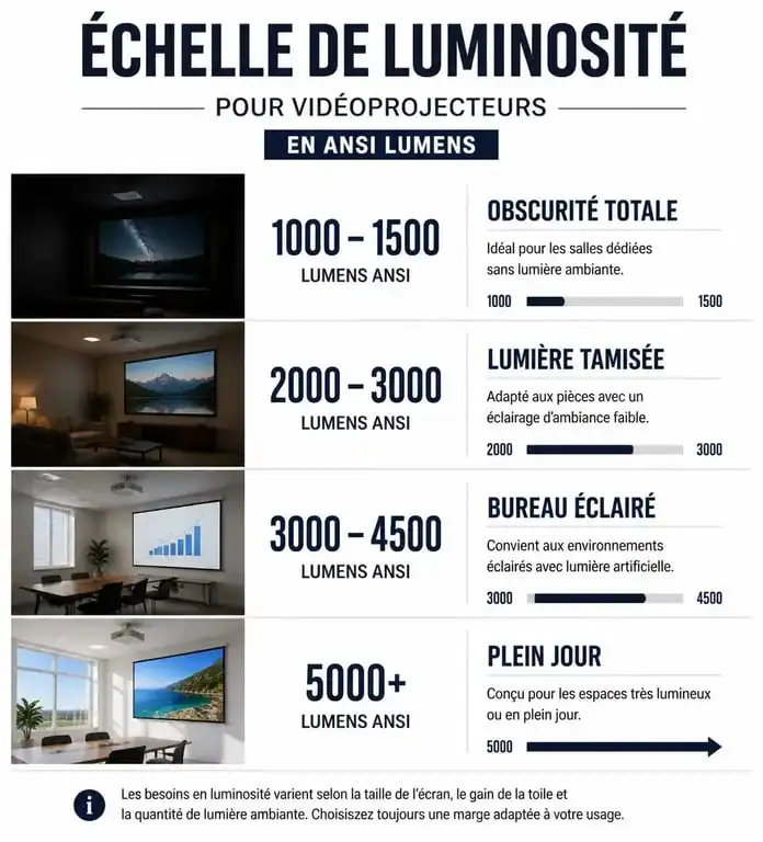 Infographie comparative des besoins en ANSI lumens pour vidéoprojecteur selon l'environnement de projection