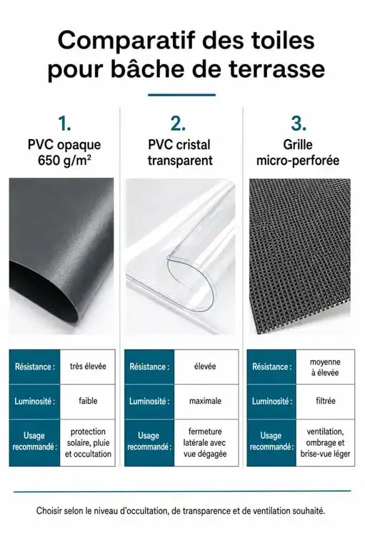 Comparatif des matériaux pour bâche terrasse sur mesure : PVC opaque, cristal et micro-perforé