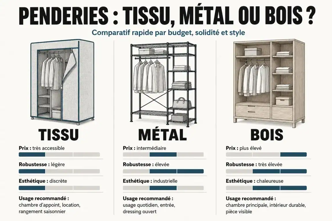 Comparatif des types de penderies simples : tissu, métal et bois pour choisir la meilleure solution de rangement