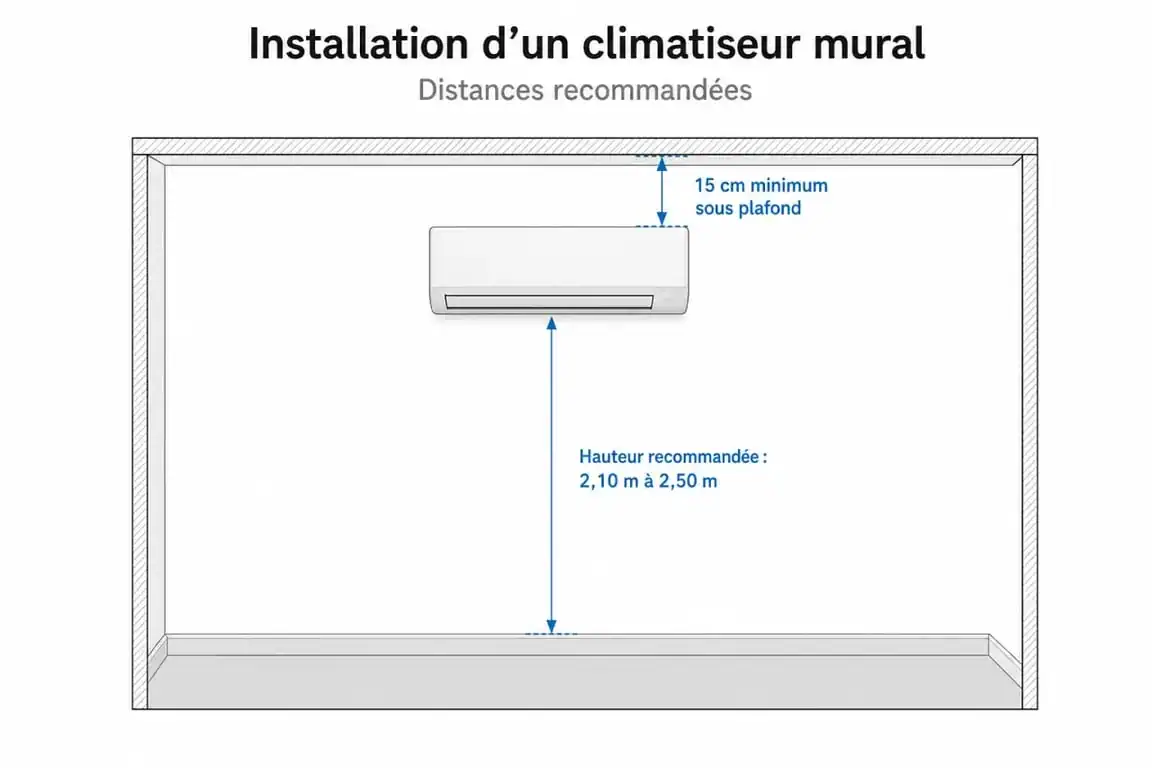 Schéma d'installation optimale d'une climatisation dans une chambre avec distances de sécurité