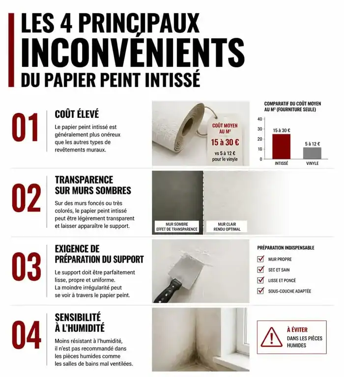 Infographie des inconvénients du papier peint intissé : coût, transparence, préparation et humidité.