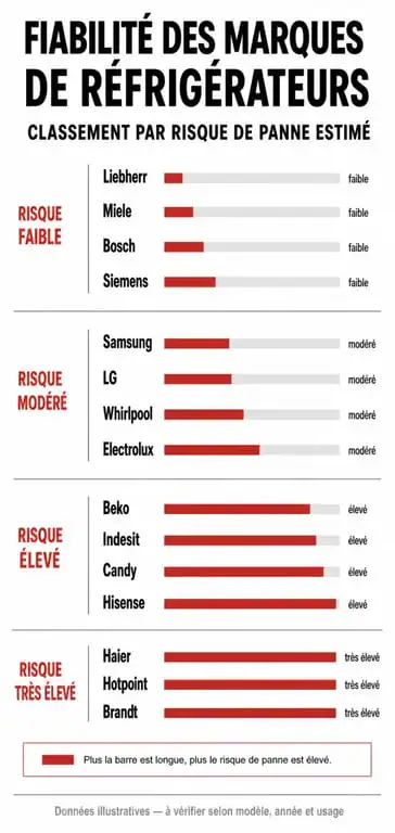 Infographie comparative des marques de réfrigérateurs à éviter et alternatives fiables pour un achat durable