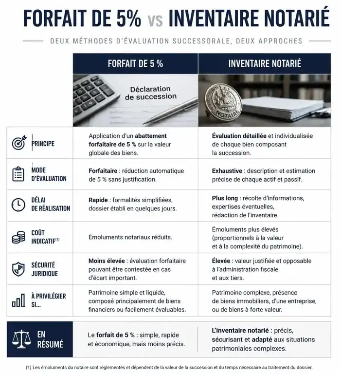 Infographie comparative : forfait de 5% vs inventaire notarié pour la liste des meubles meublants dans une succession