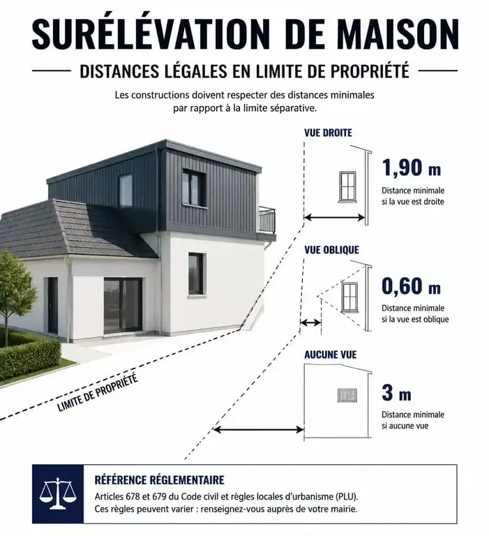 Schéma des distances légales pour un projet de surélévation de maison et voisinage