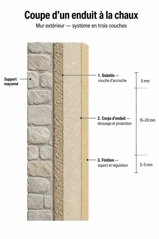 Schéma des trois couches d'un enduit à la chaux pour mur extérieur : gobetis, corps d'enduit et finition.
