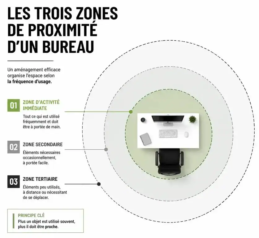 Schéma d'organisation d'un bureau avec zones de proximité pour optimiser la productivité