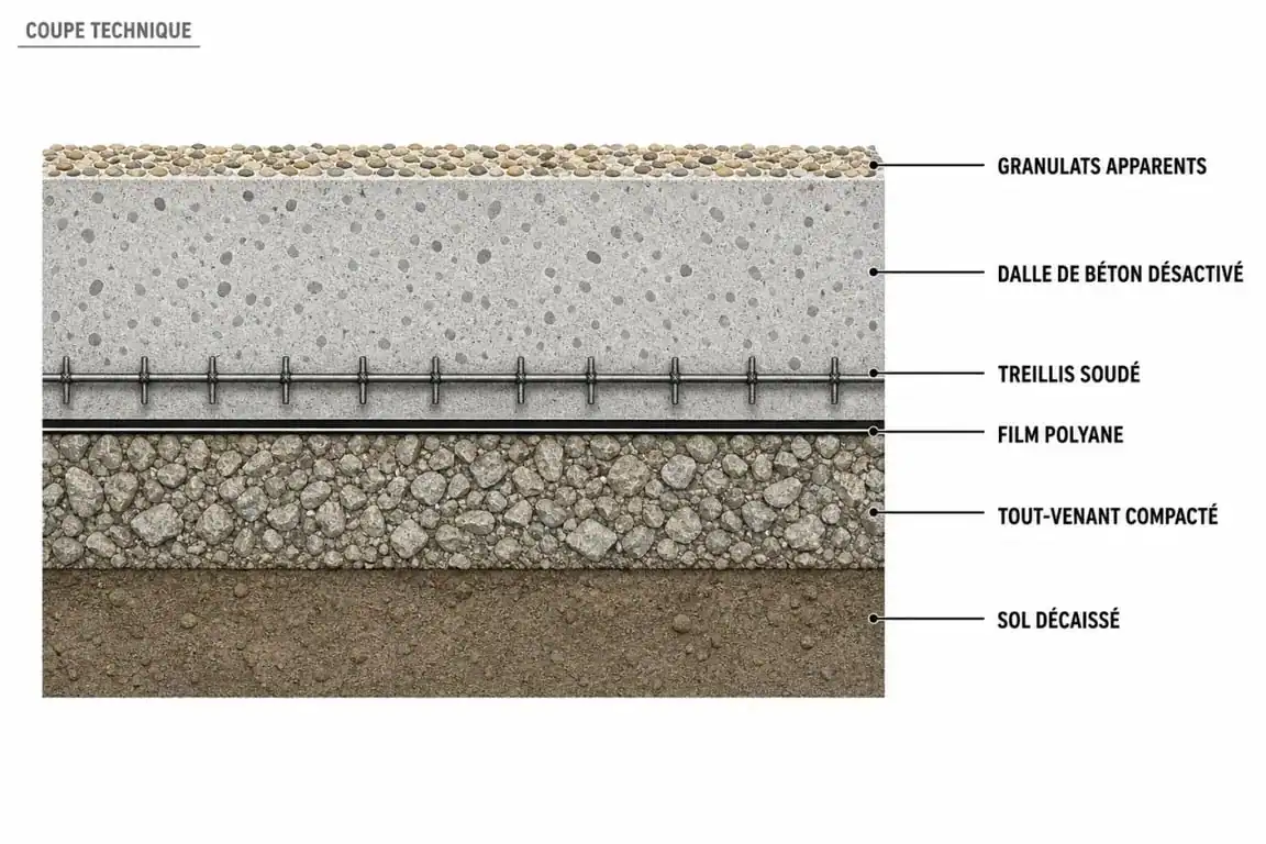Schéma en coupe d'une terrasse en béton désactivé montrant les couches de préparation et la dalle