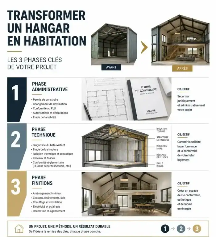 Infographie des étapes clés pour transformer un hangar aménagé en maison