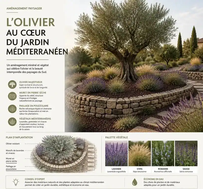 Aménagement paysager d'un olivier dans un jardin avec muret en pierre et plantes méditerranéennes
