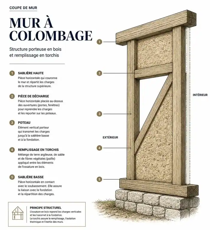 Schéma explicatif de la structure d'un mur à colombage avec ses composants principaux