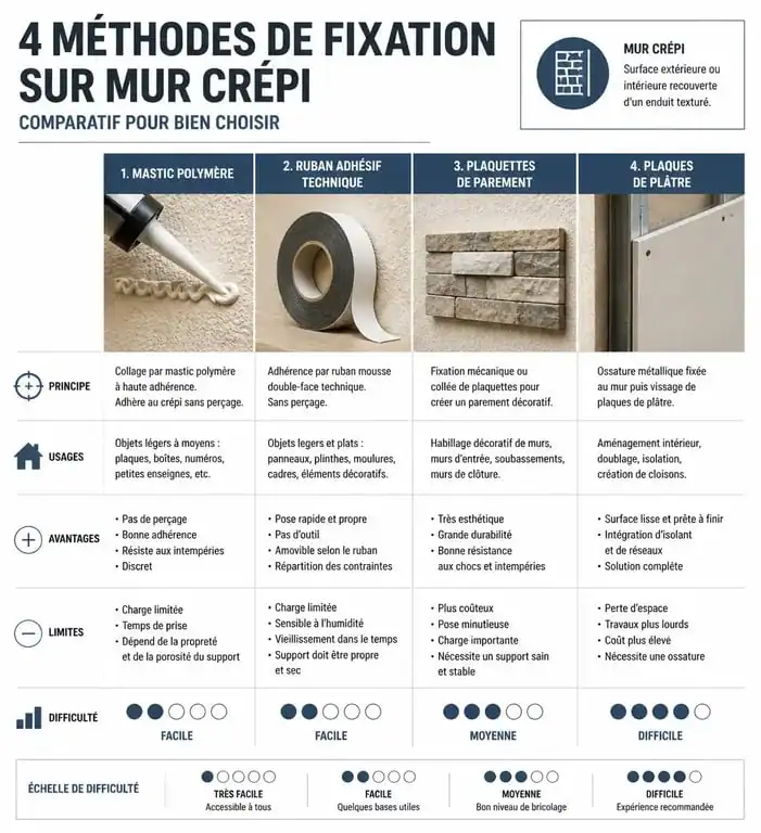 Infographie comparative des méthodes de fixation sur mur en crépi : mastic, adhésif, parement et plâtre.