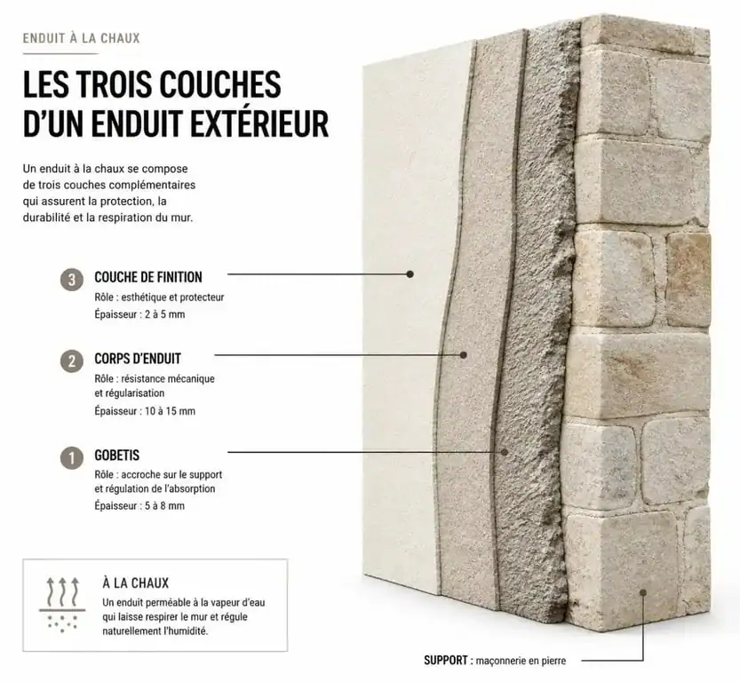 Schéma en coupe des trois couches d'un enduit à la chaux pour façade