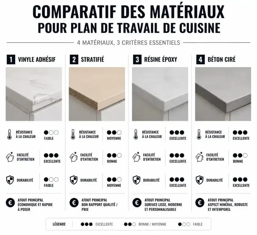 Tableau comparatif des matériaux pour revêtement de plan de travail cuisine : vinyle, stratifié, résine et béton ciré.
