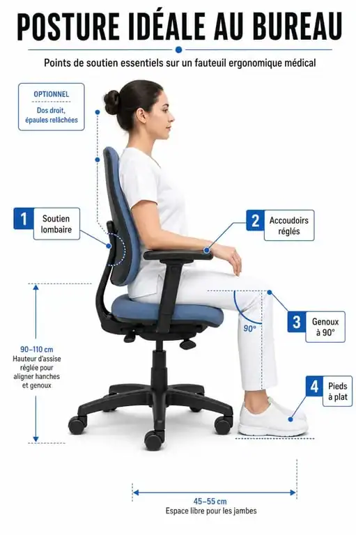Schéma de la posture idéale sur un fauteuil de bureau ergonomique médical pour la prévention des TMS