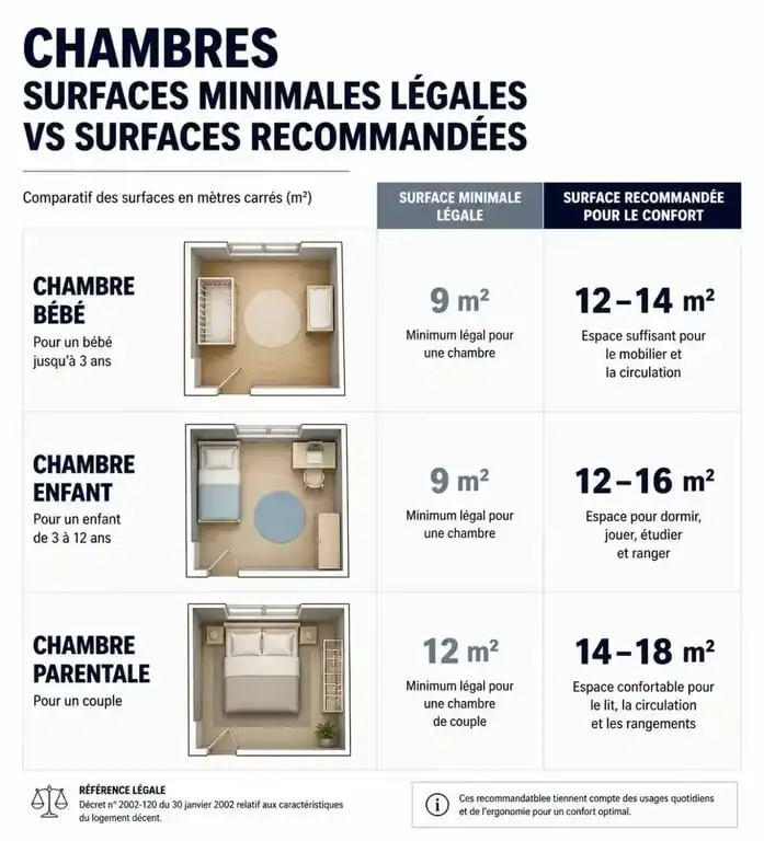 Comparatif des surfaces de chambre : minimales légales vs recommandées pour le confort