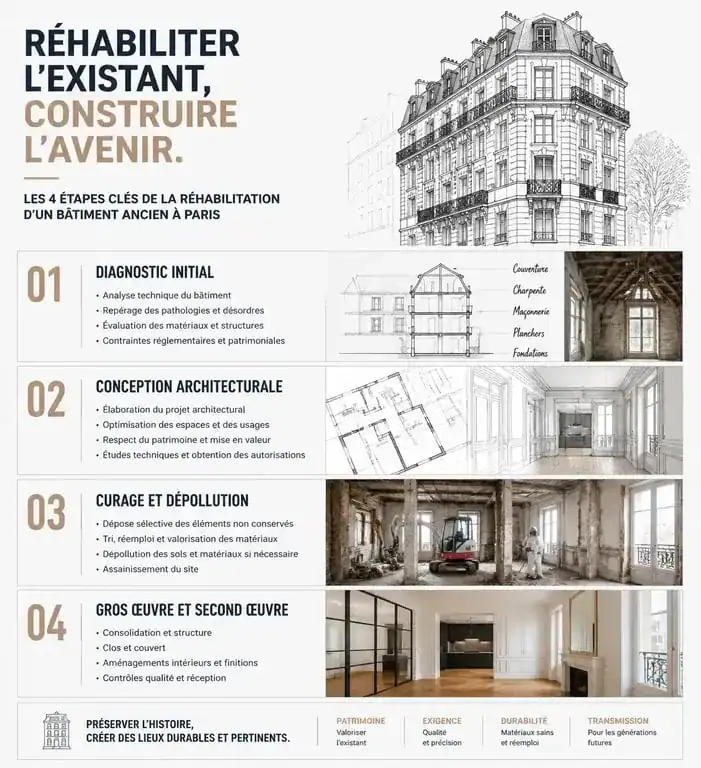 Étapes clés de la réhabilitation de bâtiments anciens à Paris : du diagnostic à la livraison