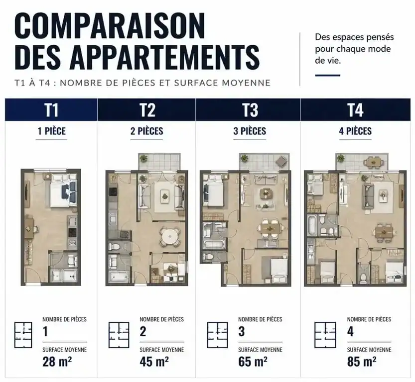 Infographie comparative des typologies d'appartements T1, T2, T3 et T4 avec nombre de chambres et surfaces