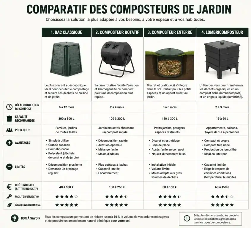 Infographie comparative des différents types de composteurs de jardin pour choisir le modèle adapté à ses besoins
