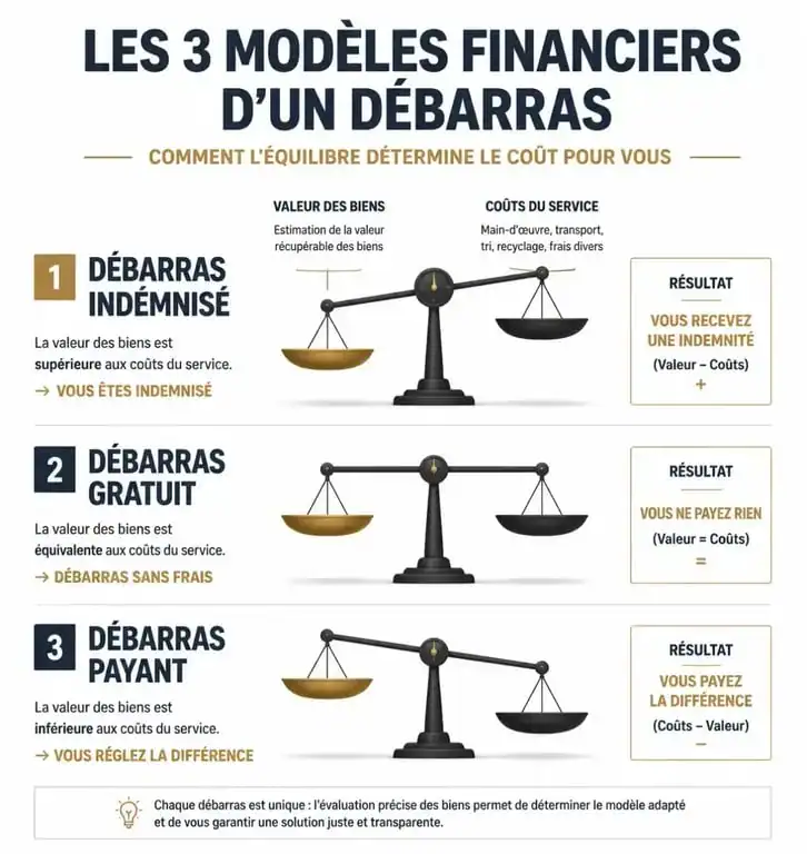 Infographie comparative des trois formules tarifaires pour un débarras maison : indemnisé, gratuit et facturé.