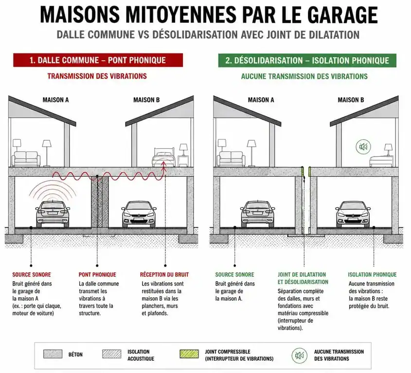 Schéma comparatif d'isolation phonique pour maison mitoyenne par le garage avec joint de dilatation