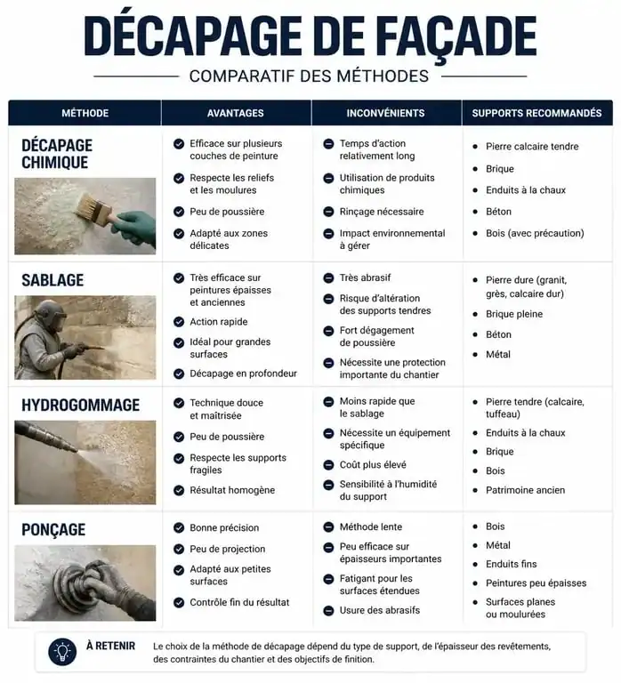 Tableau comparatif des différentes méthodes pour décaper une façade peinte : chimique, sablage, hydrogommage et ponçage.