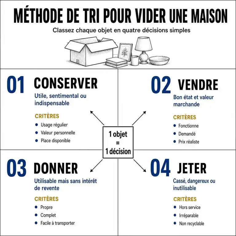 Méthode de tri pour vider une maison : conserver, vendre, donner, jeter
