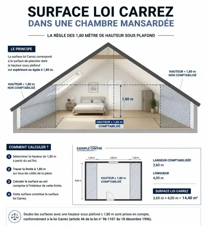 Schéma explicatif de la méthode de calcul de la surface loi Carrez pour une chambre avec hauteur sous plafond
