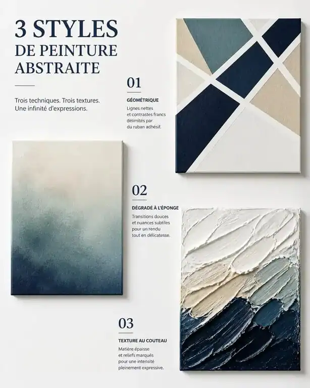 Exemples de techniques pour réaliser un tableau facile à faire : géométrie, dégradé et relief au couteau