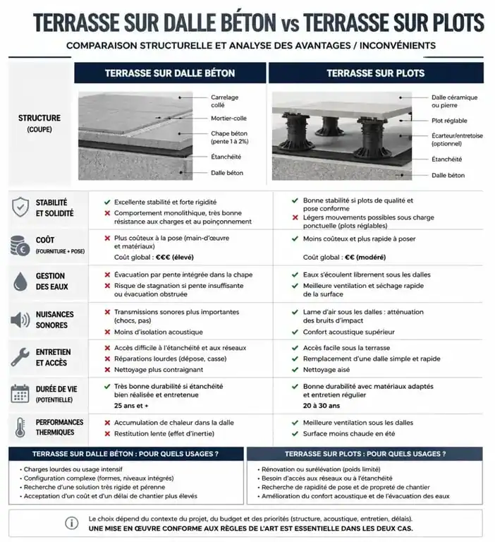 Comparatif des avantages et inconvénients entre une terrasse sur plots et une dalle béton pour votre aménagement extérieur