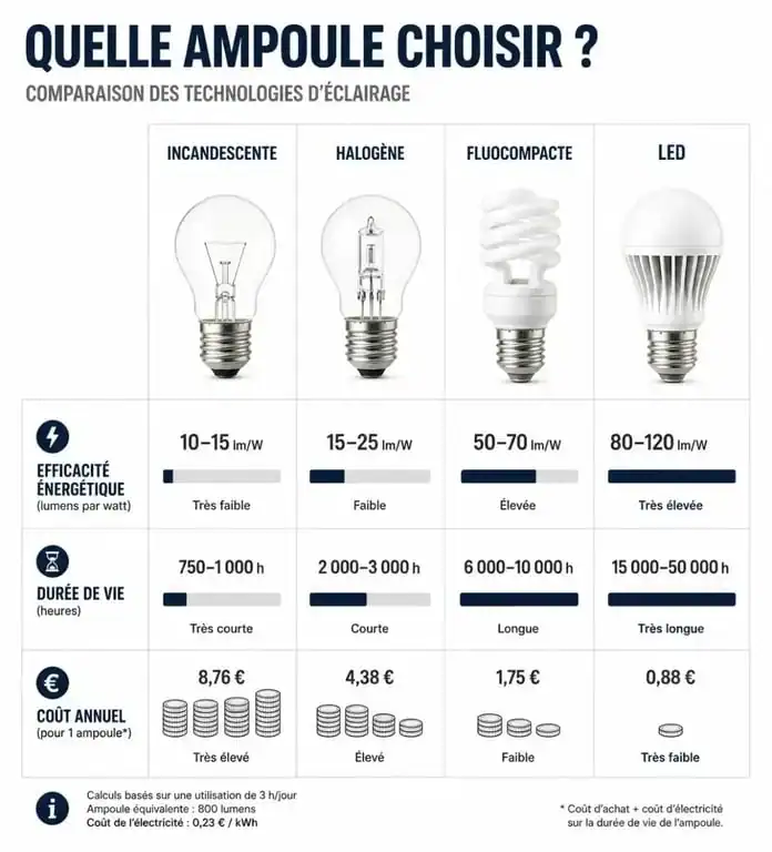Comparatif des performances et économies entre ampoules LED et autres technologies pour choisir son ampoule économique