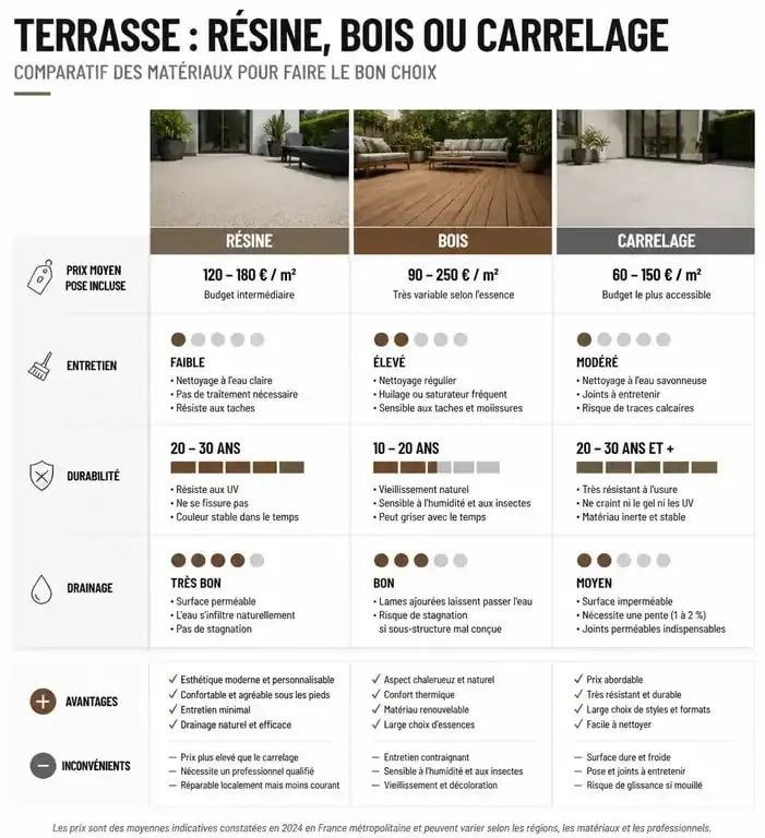 Tableau comparatif des avantages et inconvénients d'une terrasse en résine par rapport au bois et au carrelage