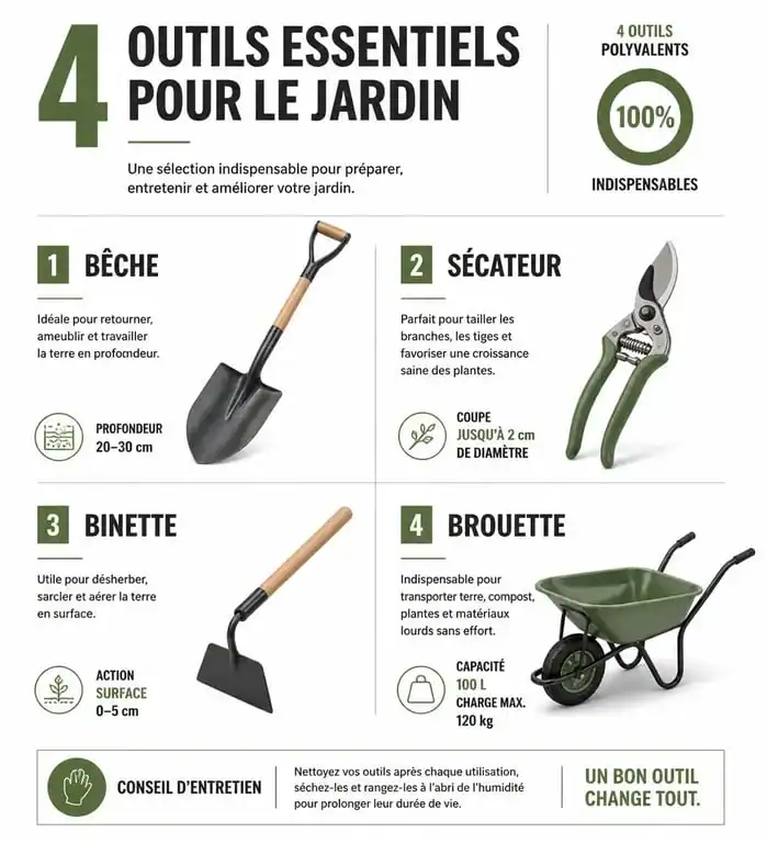 Infographie des outils de jardinage essentiels : liste illustrée pour bien choisir son équipement.