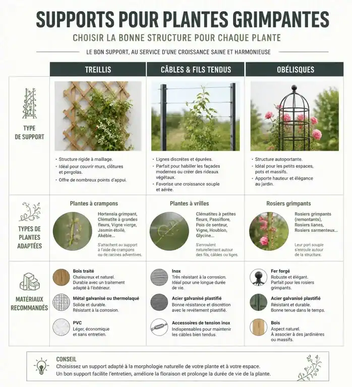 Infographie comparative des supports pour plantes grimpantes : choisir le bon tuteur ou treillis selon la plante et le matériau.