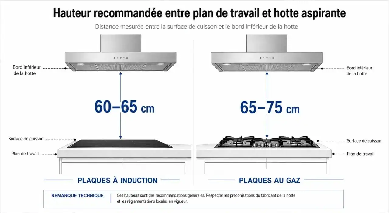 Infographie des hauteurs recommandées pour l'installation d'une hotte au-dessus d'un plan de travail