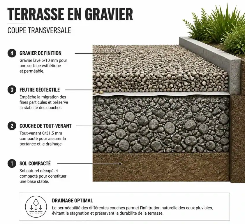 Coupe technique d'une terrasse en gravier montrant les couches de fondation et le feutre géotextile