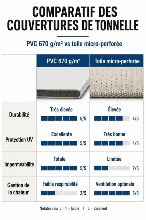 Infographie comparative des matériaux pour bâche tonnelle : PVC haute résistance et toile microperforée