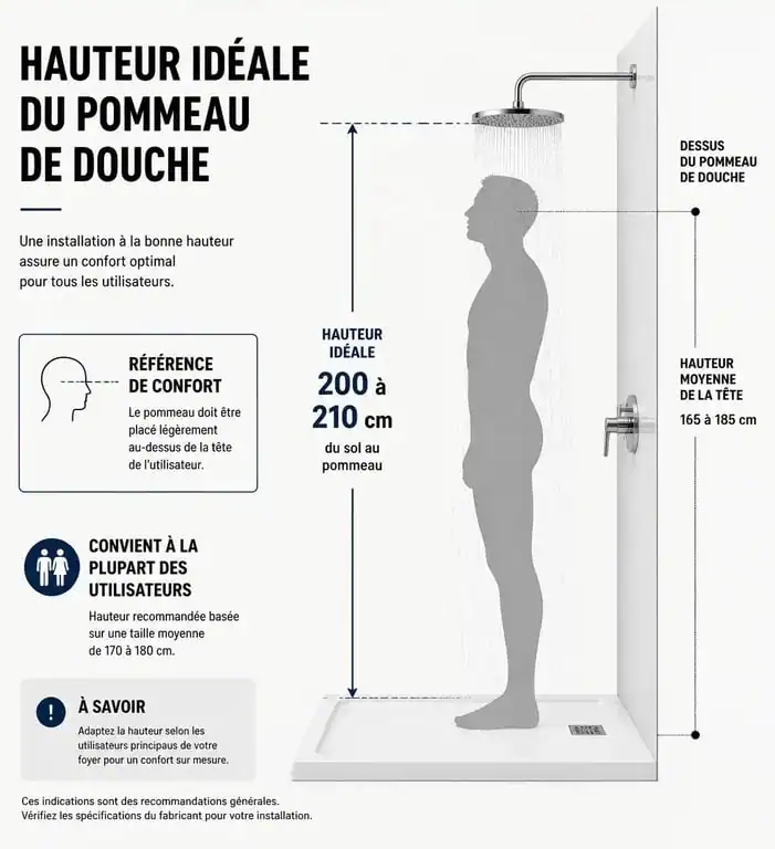 Schéma illustrant la hauteur du pommeau de douche idéale selon la taille de l'utilisateur