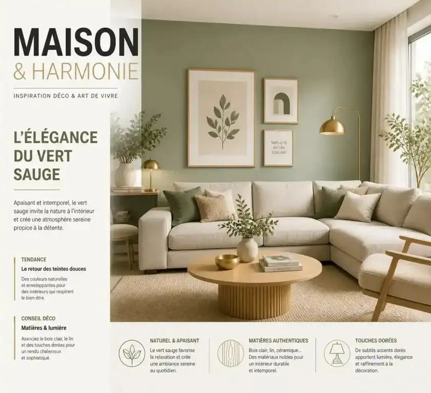 Salon moderne avec décoration murale vert sauge et cadres minimalistes