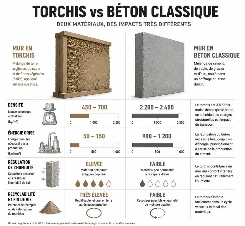 Infographie comparative des propriétés techniques entre un mur en torchis et un mur en béton