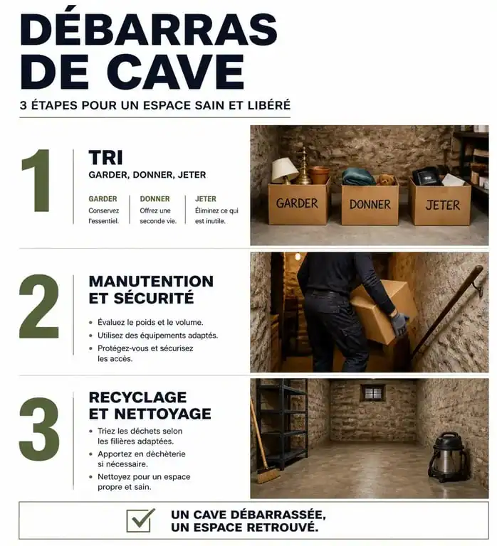 Infographie des étapes pour réussir son débarras de cave efficacement