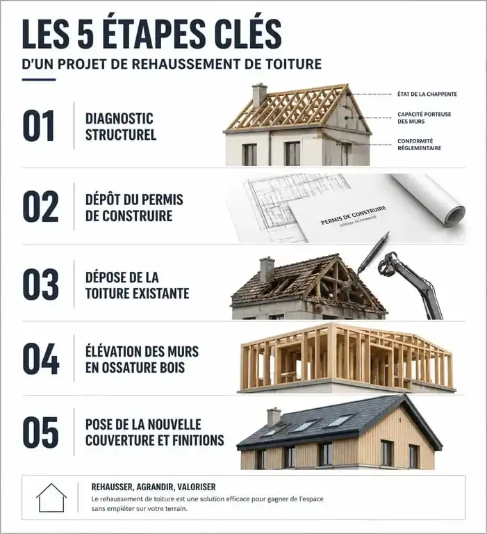Infographie des étapes pour rehausser sa toiture : du diagnostic au chantier fini