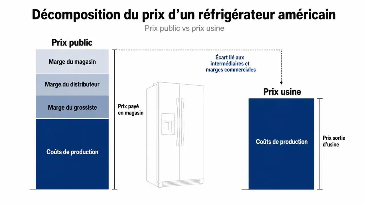 Infographie comparative : prix public vs prix usine d'un frigo américain