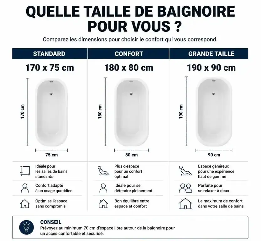 Infographie comparative des dimensions et capacités des grandes baignoires pour salle de bain
