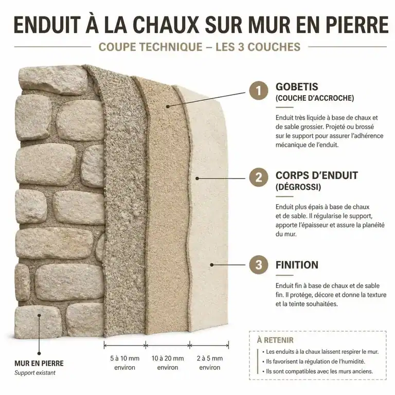 Schéma en coupe des trois couches d'application d'un enduit à la chaux sur un mur