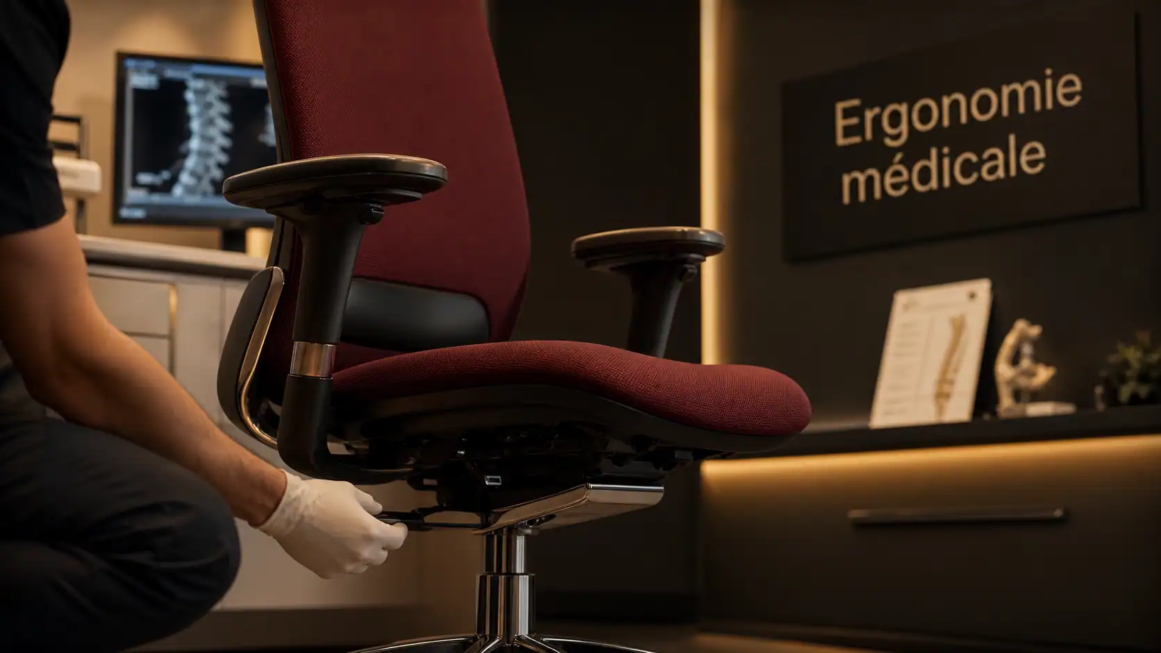 Fauteuil de bureau ergonomique médical réglé : hauteur, lombaires, accoudoirs, TMS