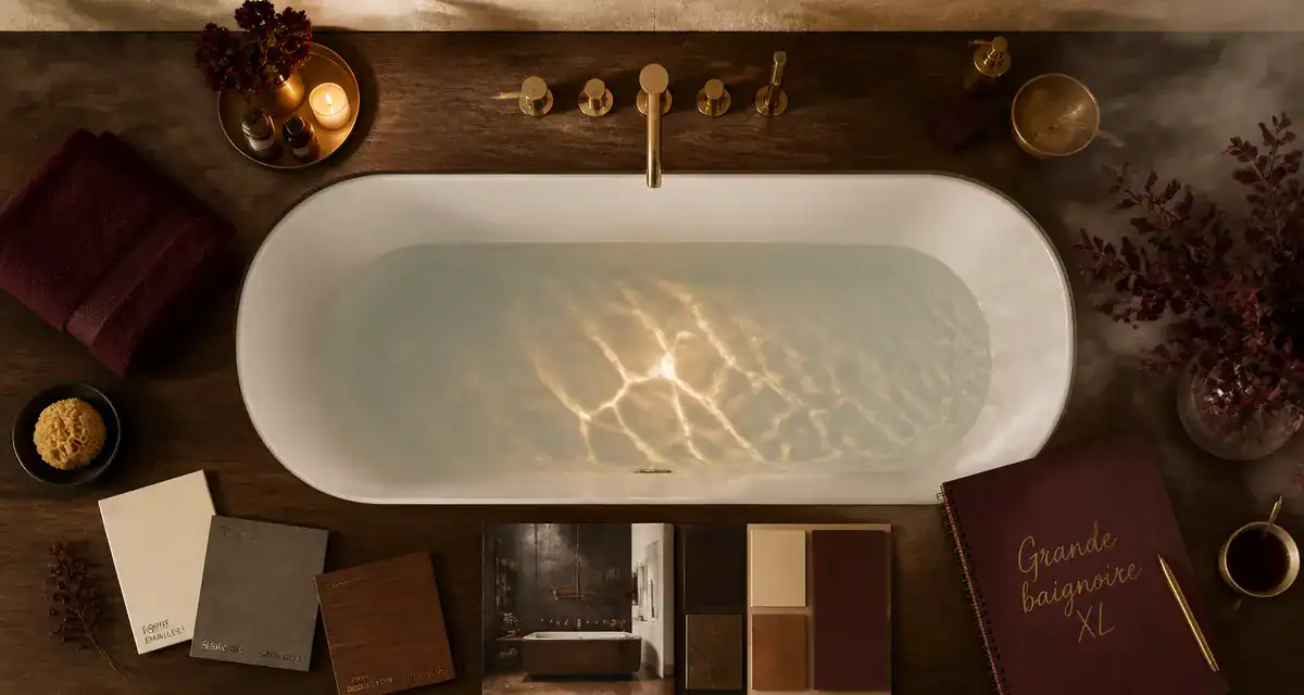 grande baignoire blanche vue du dessus sur plan de travail spa