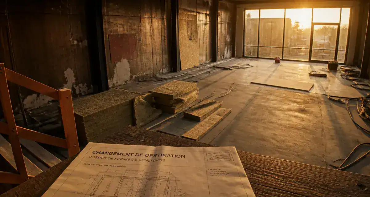 Hangar aménagé en maison : intérieur en transformation, isolation et baie vitrée