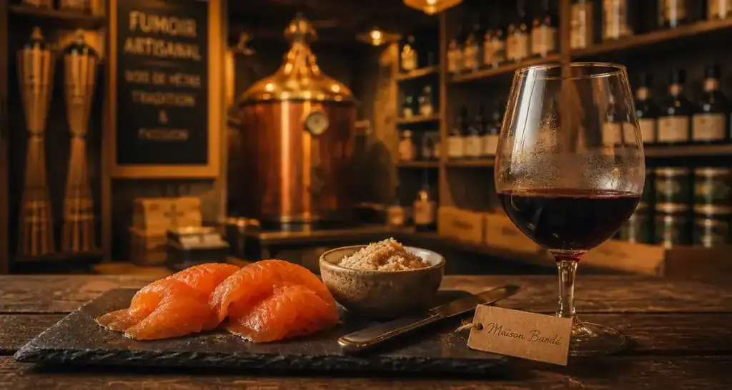 Maison Bardé, table gourmande au Gers : saumon fumé, rillettes, vin rouge